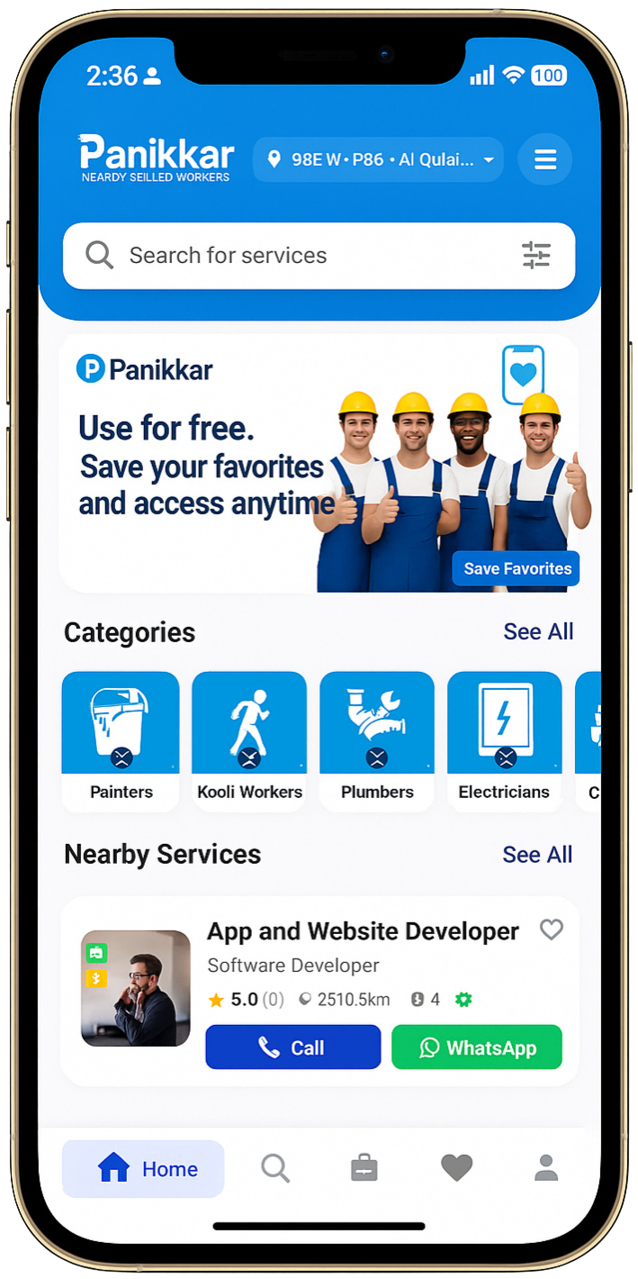 Panikkaar App Home Screen - Browse all services instantly